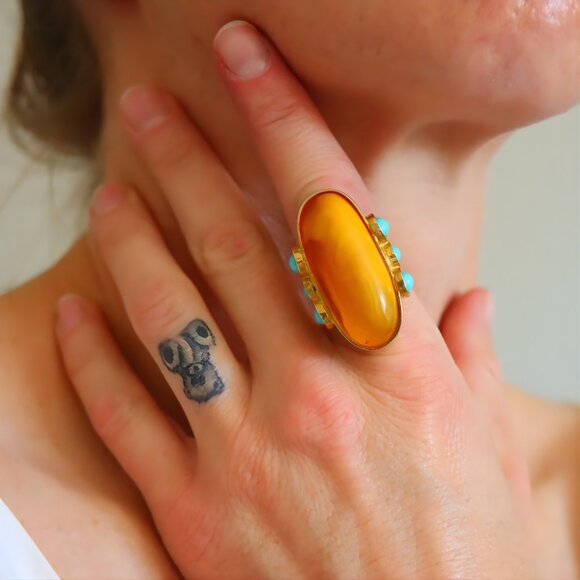 Baltic Amber and Turquoise Gold Ring- 14k Gold Plated Sterling Silver - Picture 8 of 9